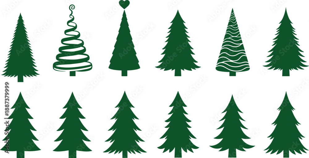 Obraz premium Collection of vector Christmas tree silhouettes featuring various green pine and fir shapes for winter holiday graphic design elements.