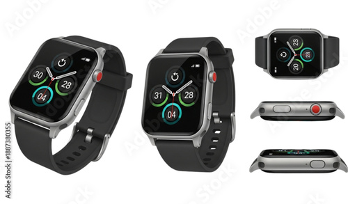 Realistic 3D Smart Watch Set Showing Front Side and Angled Views Isolated on White