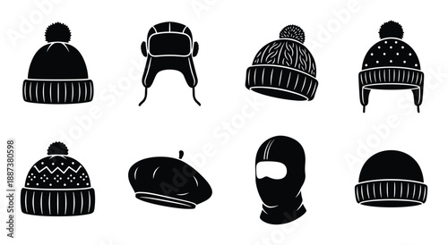 Collection of winter hats vector set, including beanie, ushanka, beret, and balaclava, black silhouette style