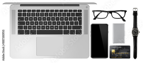 Photos overhead view of a modern laptop, smartphone, credit card, glasses, and wristwatch, representing business and personal technology, 3d render