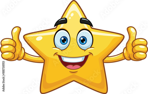 Happy yellow gold star cartoon mascot vector character giving double thumbs up gesture for success and excellence isolated on white background.