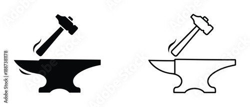 Anvil and Hammer Vector Icons, Black and Outline Style, Isolated Illustration