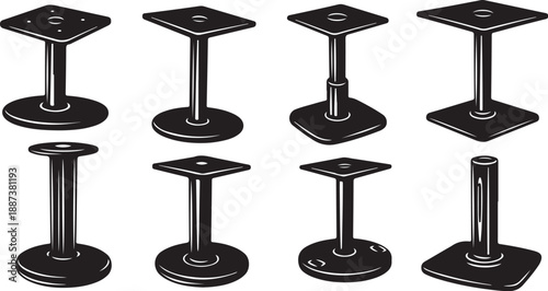 Adjustable table legs in various positions and heights shown