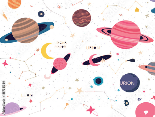 Colorful outer space illustration with planets, stars, constellations, and galaxies, playful astronomy themed flat vector background