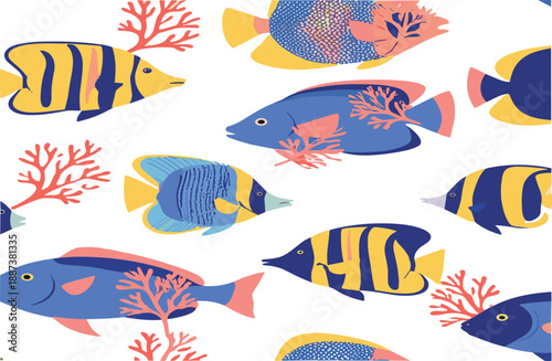 Colorful tropical fish and coral reef illustration set in flat modern style, vibrant underwater sea life vector