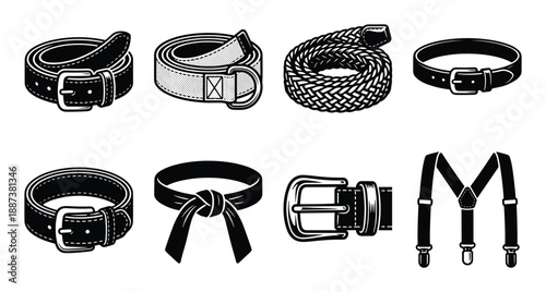 Assorted belts and suspenders vector illustration. Men's accessories collection, different styles, with buckles and fasteners
