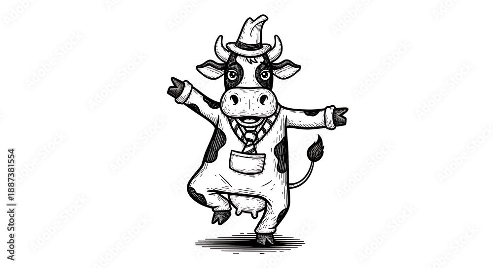 Naklejka premium Whimsical Engraving of a Cheerful Dancing Cow Featuring Artistic Sketch Style Playful Bovine Character Illustration Joyful Farm Animal Design in Vintage Woodcut Aesthetic Generative Illustration