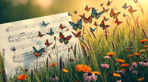 Colorful Butterflies on Sheet Music in Vibrant Flower Field