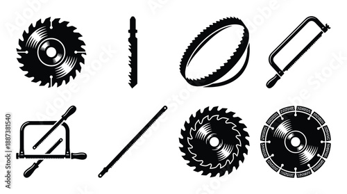 Assortment of carpentry saws and blades vector illustrations, including circular saw, coping saw, hacksaw, and fret saw.