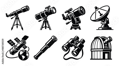 Astronomy Equipment Icons Collection: Telescopes, Satellite, Binoculars, Observatory