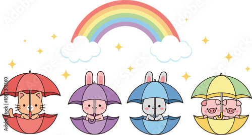 Cute animals holding umbrellas under rainbow, adorable cartoon cat, rabbits and pigs, colorful flat vector illustration set
