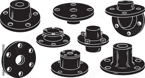 Industrial flange connections and pipe fittings illustrations set