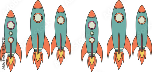 Cute cartoon rocket ships set in flat retro style, colorful space launch vector illustration for kids designs