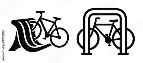 Bicycle rack icons, bike parking symbols, black and white bicycle sign, cycling rack vector illustration, transportation concept