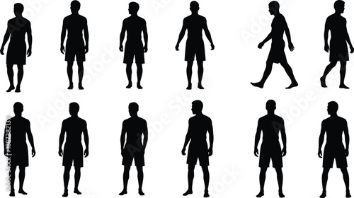 Set of diverse men silhouettes wearing shorts in various standing and walking athletic poses for fashion design and anatomical reference.