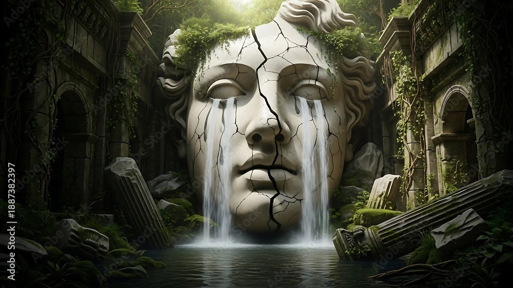 Obraz premium Cracked stone face with water flowing.