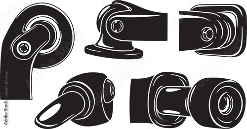 Set of black and white caster wheel icons isolated