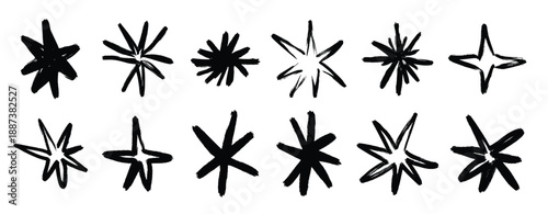 black crayon hand drawn stars set childish doodled sparks 