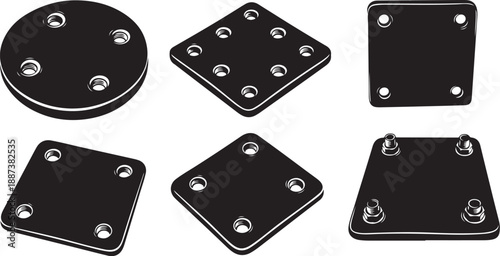 Set of black metal plates with silver screws isolated