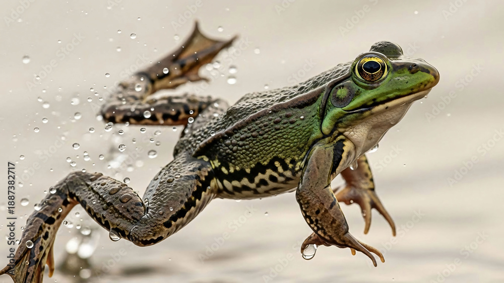 Fototapeta premium Dynamic green frog jumping through water with droplets flying
