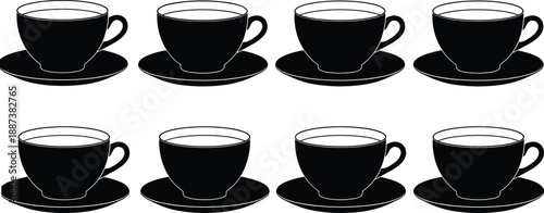 Set of eight black tea cup and saucer silhouette vector icons isolated on white background for coffee shop menu design