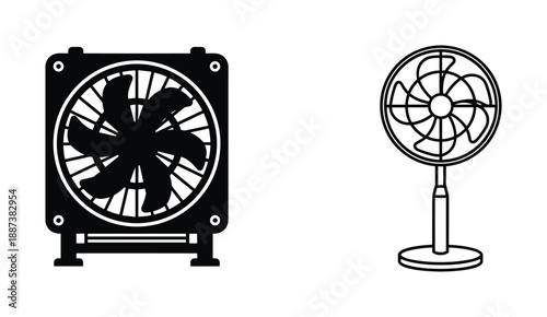 Black and white vector illustration of two types of fans on a plain white background.