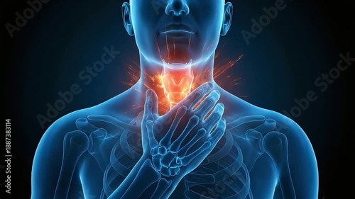 3D animation of human anatomy highlighting sore throat and inflammation