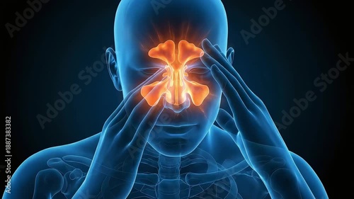 3D human anatomy animation visualizing the inflammation areas of sinusitis (empyema)