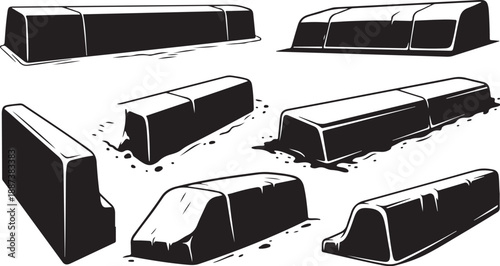 Illustration of various concrete barriers and blocks in black