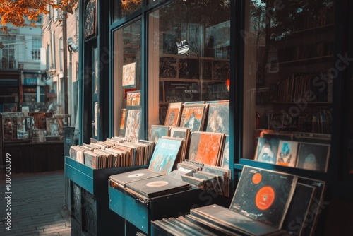 Browsing Vinyl Records Displayed Outdoors, Records, City Storefront, Photo, Urban, Eye-Level, Vintage Music Culture