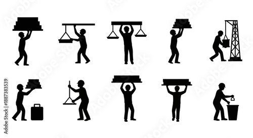 Manual Labor Worker Silhouettes Set - Construction, Heavy Lifting, Logistics, and Industrial Pictograms Collection.