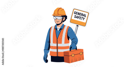 Industrial Safety Worker in PPE with Toolbox and General Safety Sign Vector Illustration