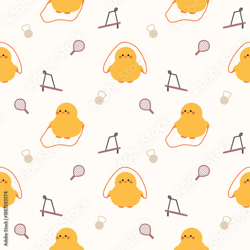 Duck skipping rope cartoon so cute. On dumbbell tennis racket treadmill background. Pattern seamless vector illustration. 