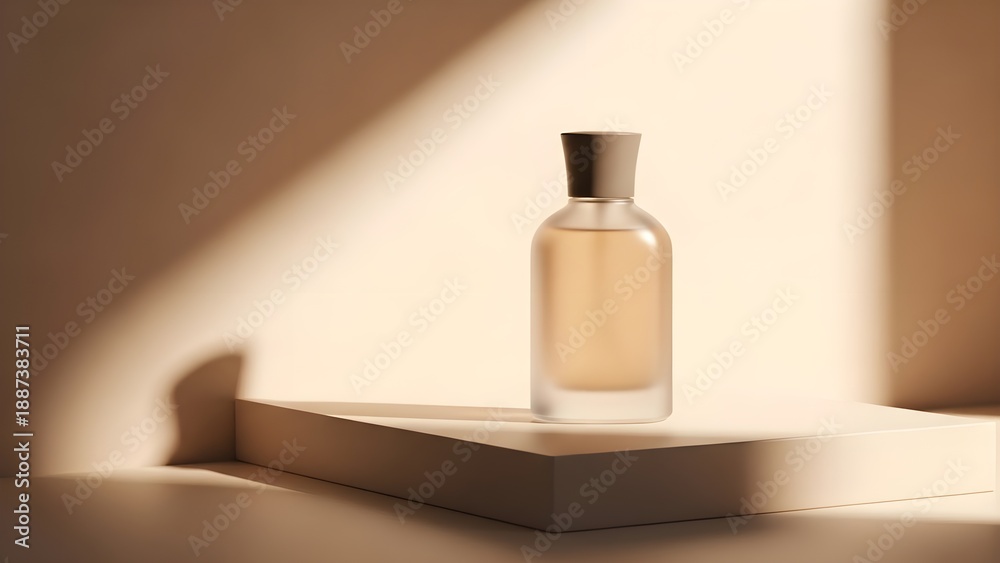 © zniv - Luxury perfume bottle on a minimalist beige background with soft natural light.
