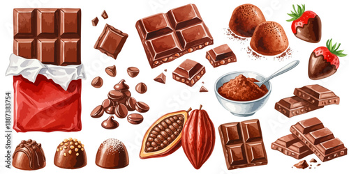 チョコレートとカカオのイラスト素材セット 甘いスイーツコレクション｜チョコレート,カカオ,トリュフ,板チョコ,苺チョコ
