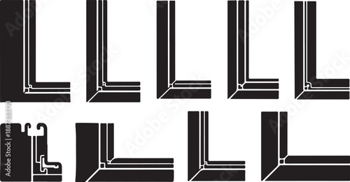 Various window frame designs and shapes in black and white