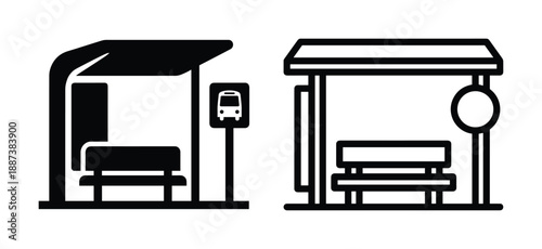 Bus stop icon set with bench and bus sign, public transport shelter icon vector illustration