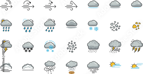 Comprehensive weather icon set featuring colorful aurora borealis northern lights rainbows blizzards and seasonal Christmas rain symbols.