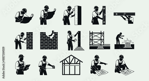 Construction Worker Silhouettes Icon Set: Builder, Engineer, and Architect Vector Icons for Building Process, Masonry, Framing, Blueprints, and Inspection.