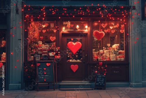 Event, Hearts, Shopfront, City Street, Photo, Urban Night, Concept of Romance and Celebration through Vibrant Valentine’s Day Decorations in Front of a Cozy Local Storefront