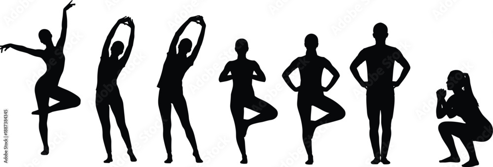 Fototapeta premium Silhouette Set of People Doing Yoga Poses Fitness Exercises Gymnastics Ballet Dancing and Squats Isolated on White Background Vector Illustration