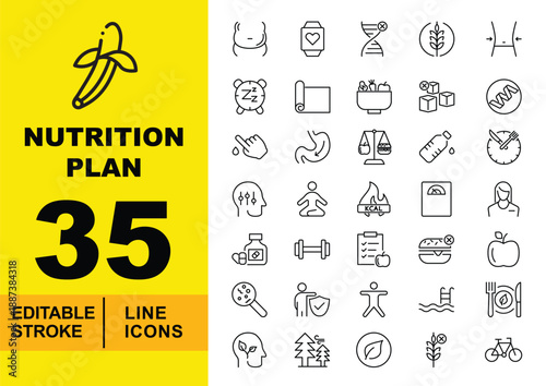 Nutrition Plan line icon set. Editable stroke icons for Metabolic Health, Mindfulness, and Fitness Lifestyle. Containing Yoga Meditation, Sleep Tracking, Blood Sugar Test, Digestion, Calorie Burn 