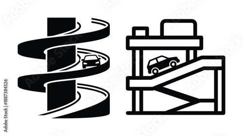 Car parking ramp and spiral road vector illustration. Automobile parking building design for transportation.