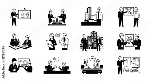 Architect and Engineer Planning Icon Set: Construction Meetings, Project Management, Blueprints, Building Models, and Urban Design Silhouettes.