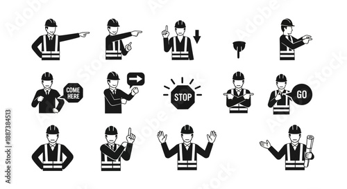 Construction Worker & Engineer Hand Gestures Icon Set. Direction, Stop, Go, and Safety Commands Pictograms.