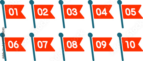 手順や流れを示すステップ番号とポイント番号の旗のラベルのアイコンセット（flag label icon set with step numbers and point numbers to indicate procedures and flow）
