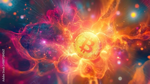 Visual Explosion of Cryptocurrency Bitcoin Symbol in a Digital Abstract Environment, Energetic Business Technology Concept Art, Vivid Colors, Dynamic Viewpoint