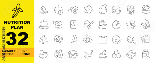 Nutrition Plan line icon set. Editable stroke icons for Wellness, Sports Nutrition, and Active Lifestyle. Containing Running Shoe, Apple with Timer, Cherry Tomato, Spinach, Peach, and Diet Checklist