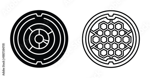 Circular designs with maze and honeycomb patterns on white background