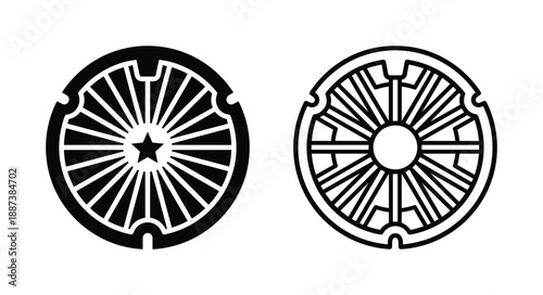 Circular sewer covers vector designs, radial pattern, star center, solid fill and outline style.